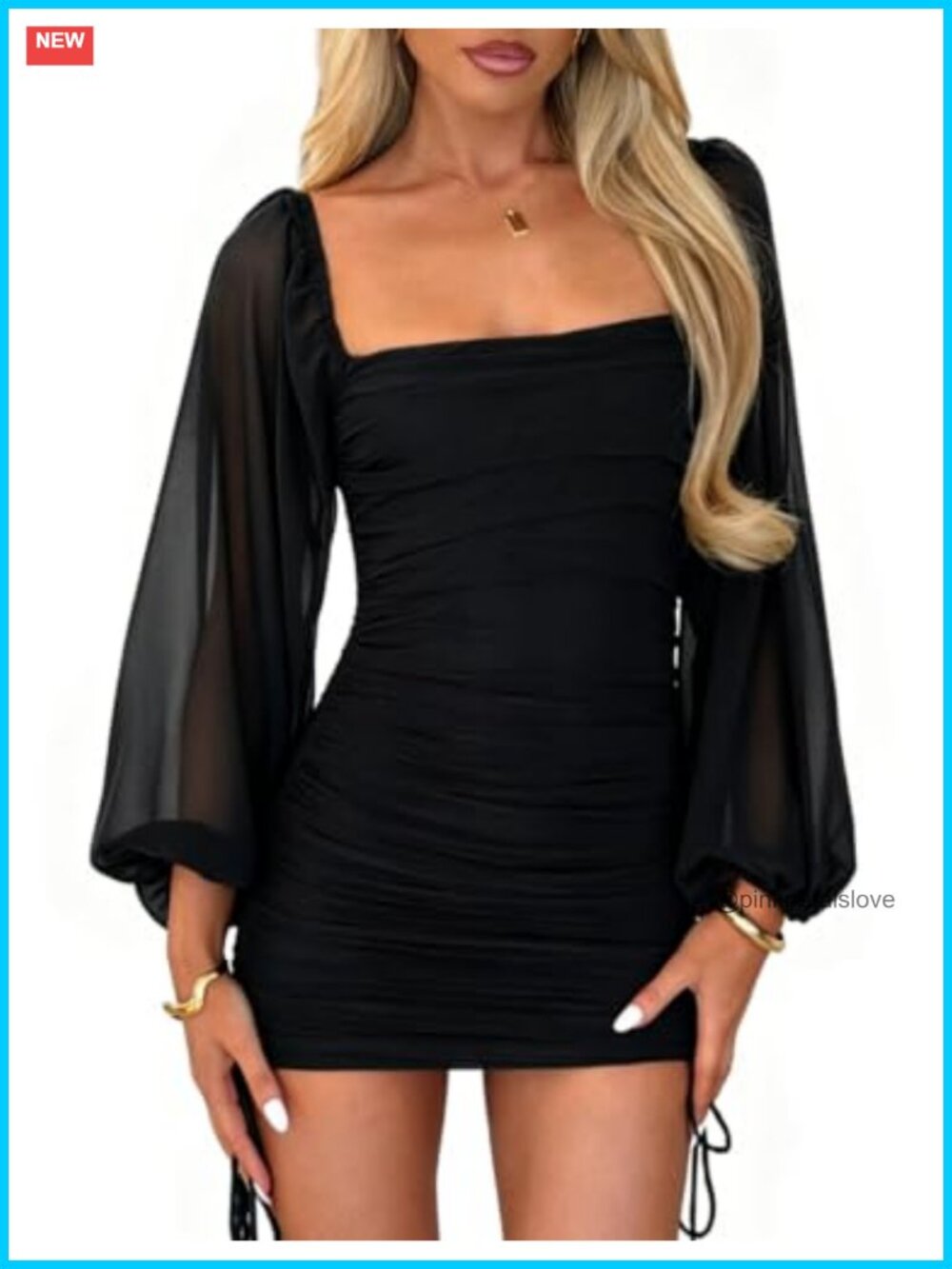 Women's Long Sleeve Ruched Bodycon Square Neck Mini Dress Party Clubwear